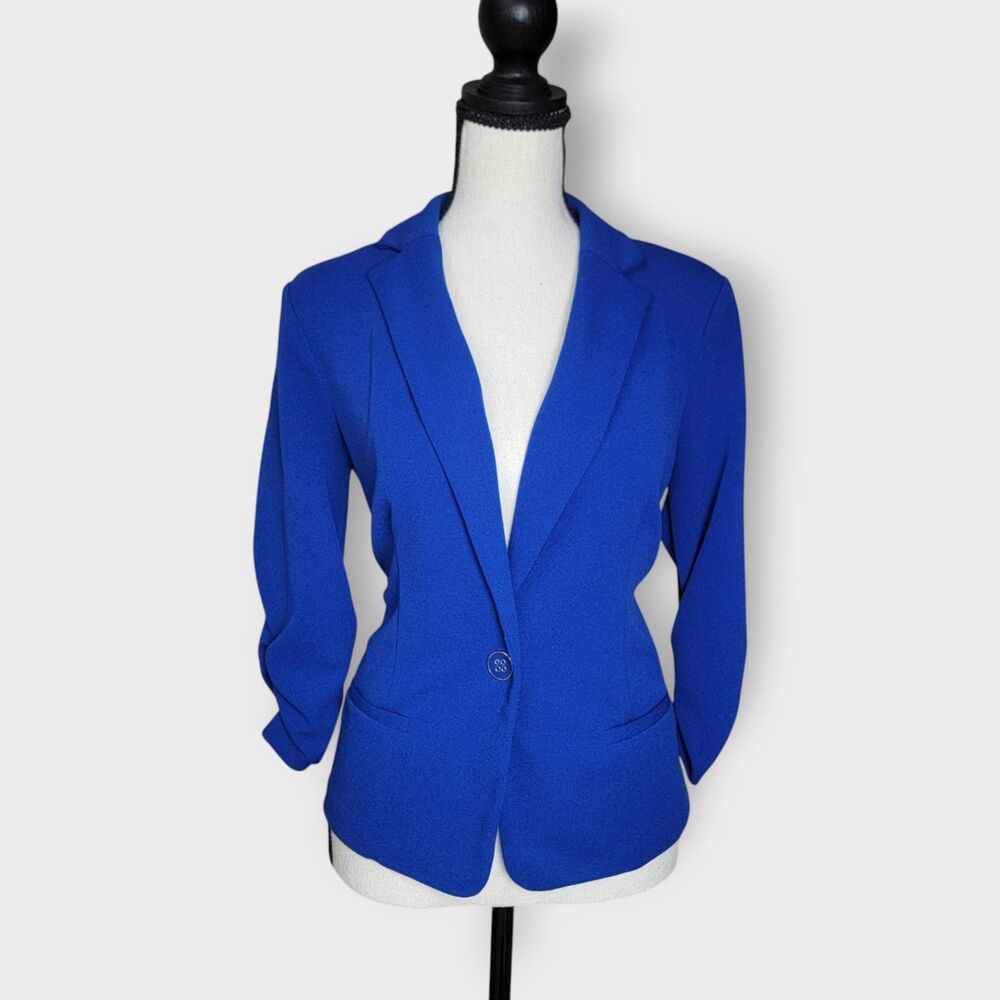 NYCC Royal Blue Blazer Women's Small Ruched 3/4 Sleeve One Button Career Jacket